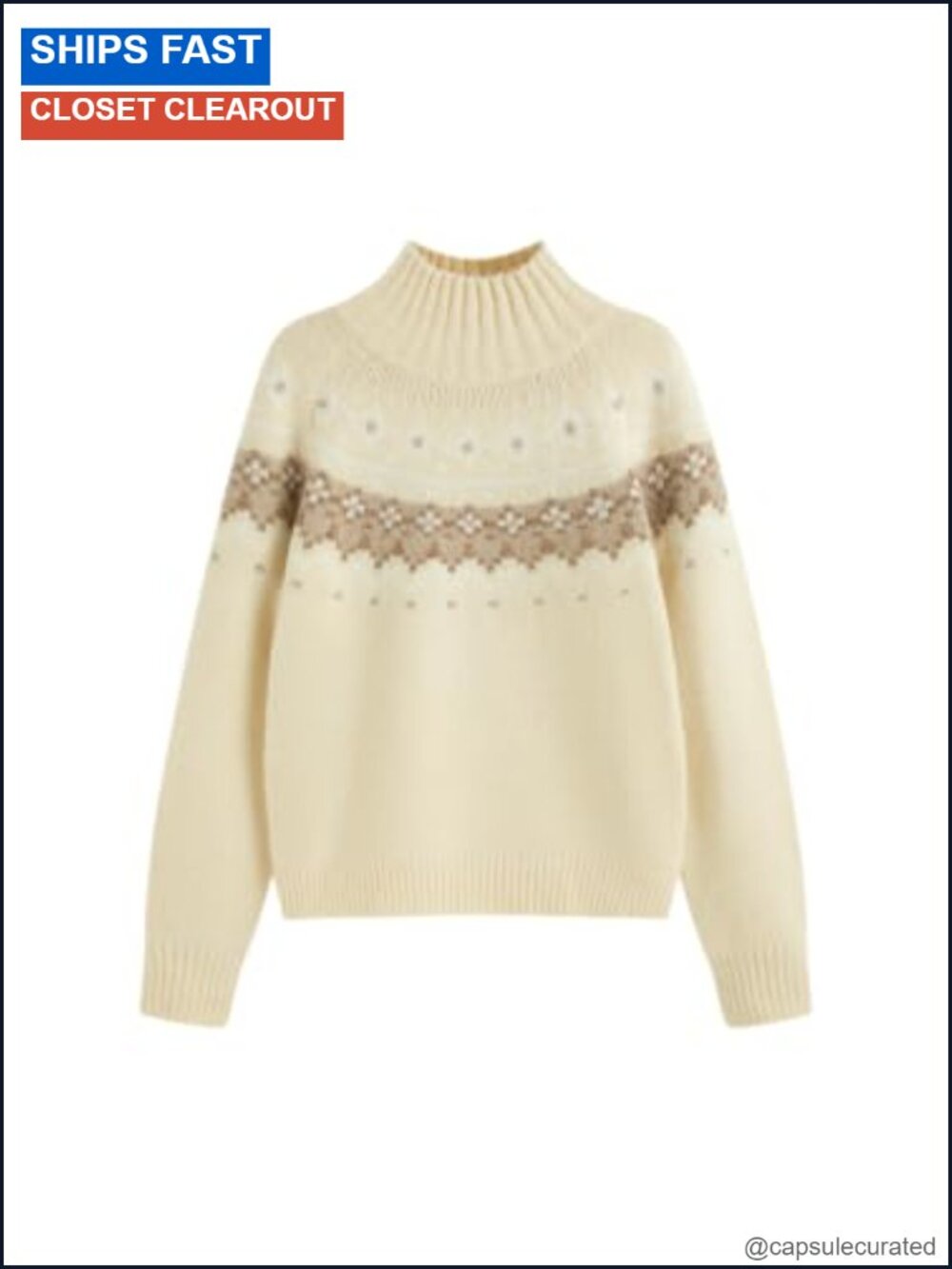Fair Isle Wool Blend Sweater Long Sleeve Collared Pullover